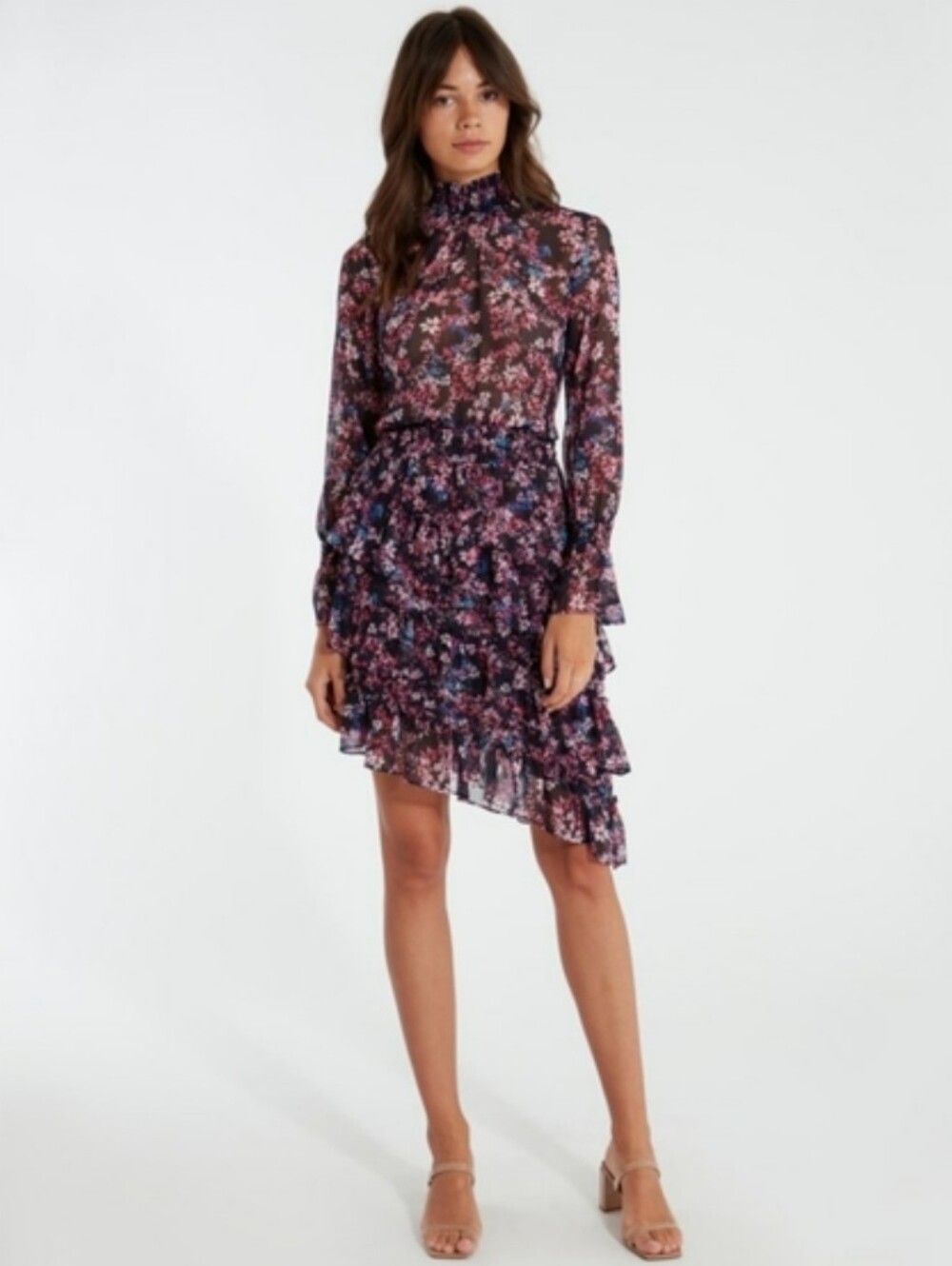 MISA Los Angeles Savanna Asymmetrical Mini Dress Floral Ruffle Tiered Size XS
